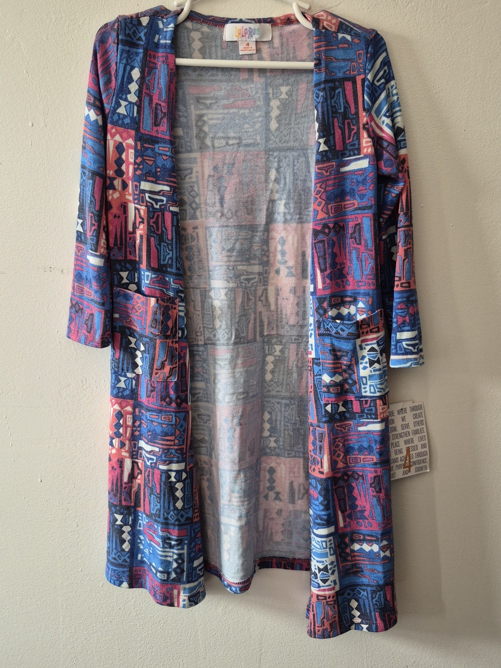 LuLaRoe Pink & Blue Geometric Open Front Duster Cardigan